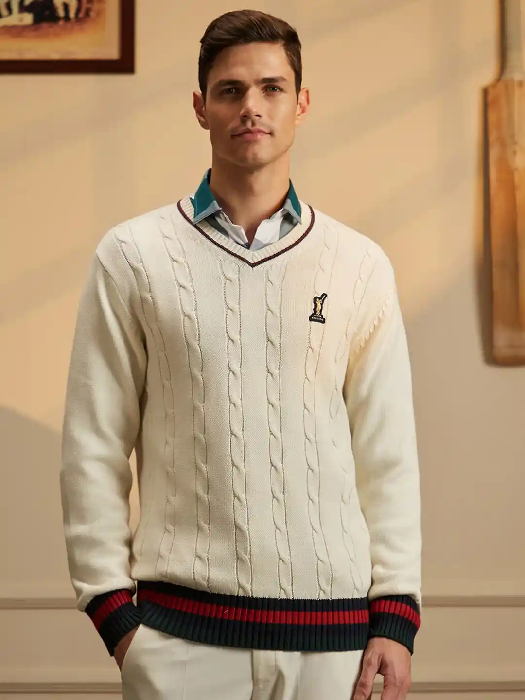Buy Peter England Casuals Cable Knit Self Design Cricket Inspired