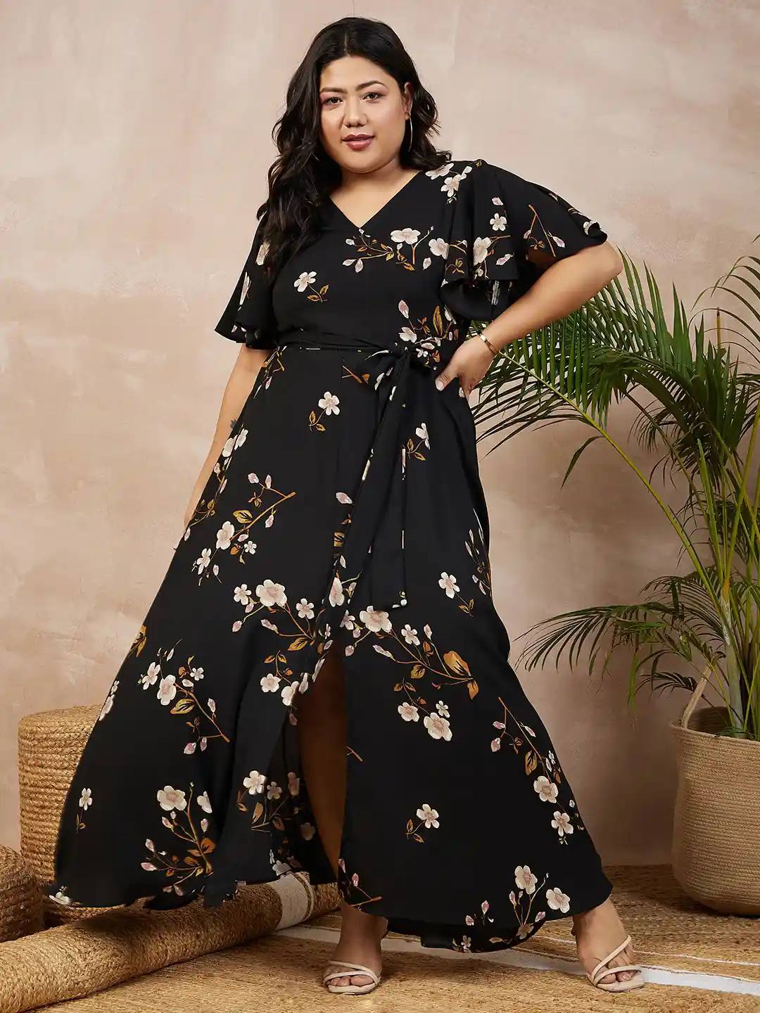 Berrylush Curve Plus Size Black Floral Printed Flutter Sleeves Wrap Maxi  Dress