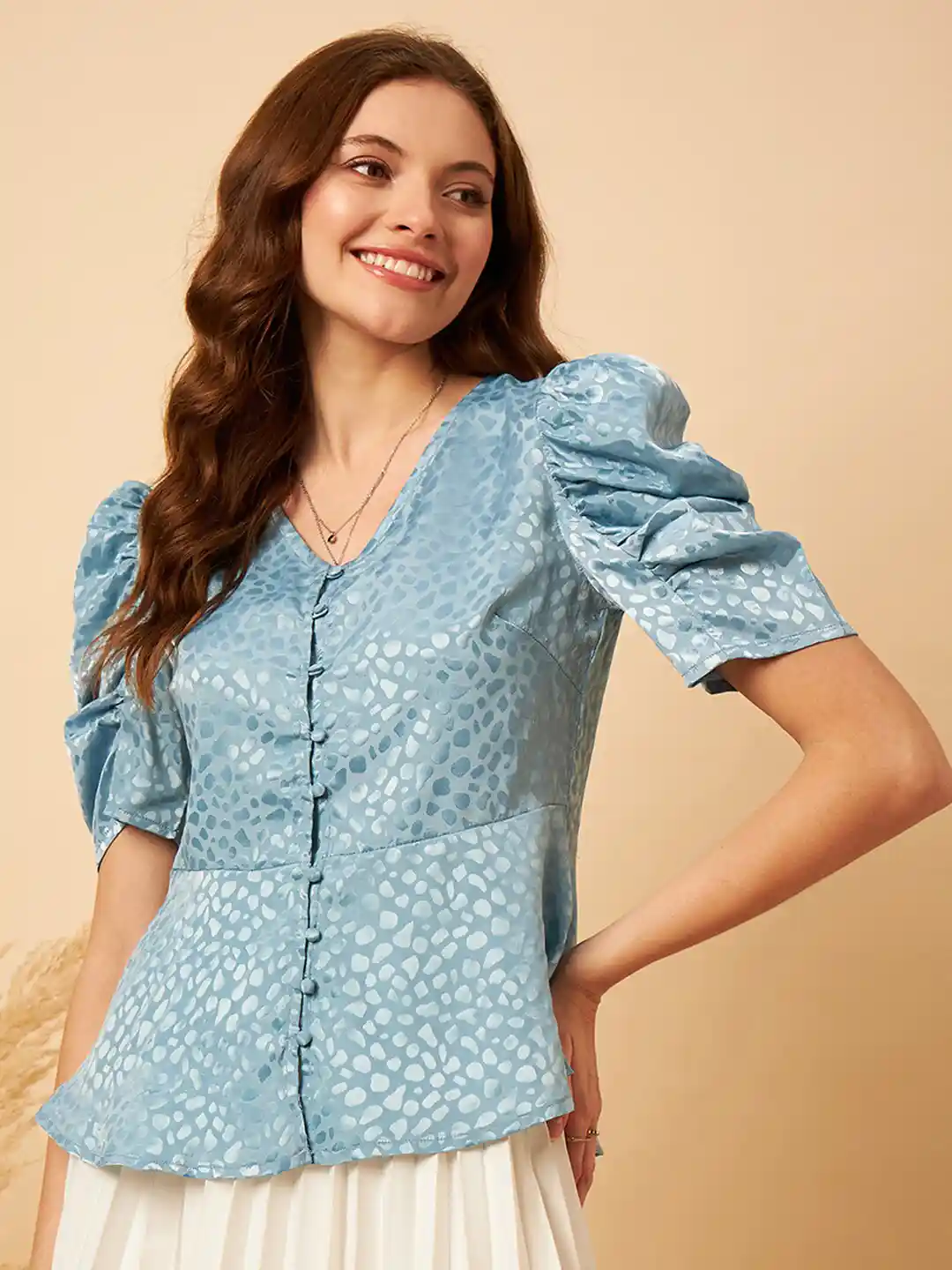 MINT STREET Abstract Woven Design Puff Sleeve V-Neck Jacquard Satin Peplum Top