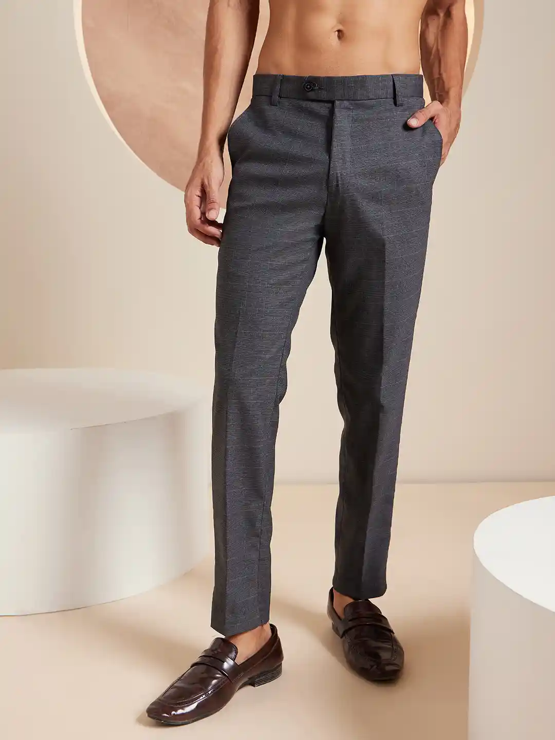 Buy DENNISON Men Checked Smart Tapered Fit Easy Wash Trousers