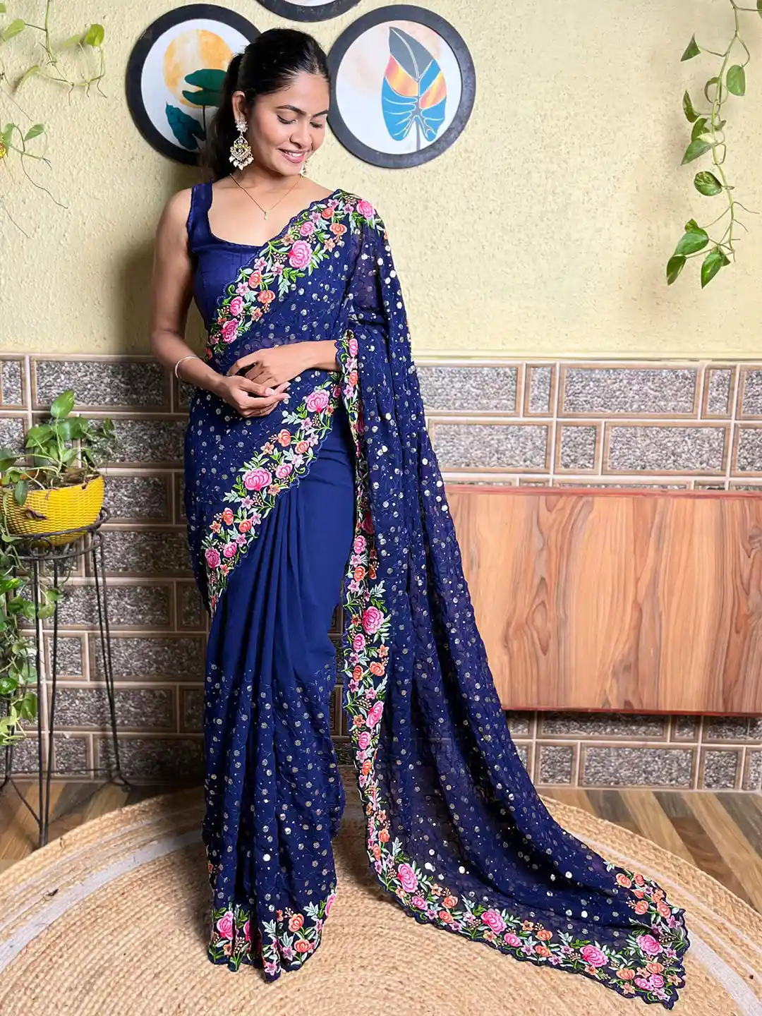 Buy Mitera Blue Floral Embroidered Sequinned Detailed Poly