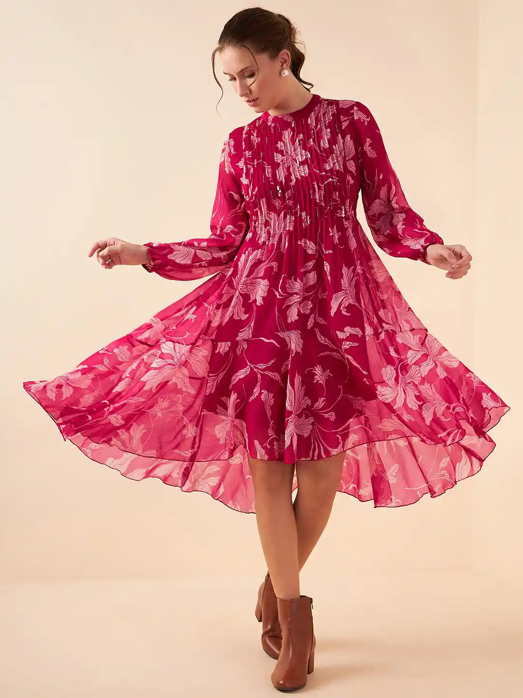 Buy Antheaa Floral Printed High Neck Puff Sleeves Pleated Detailed