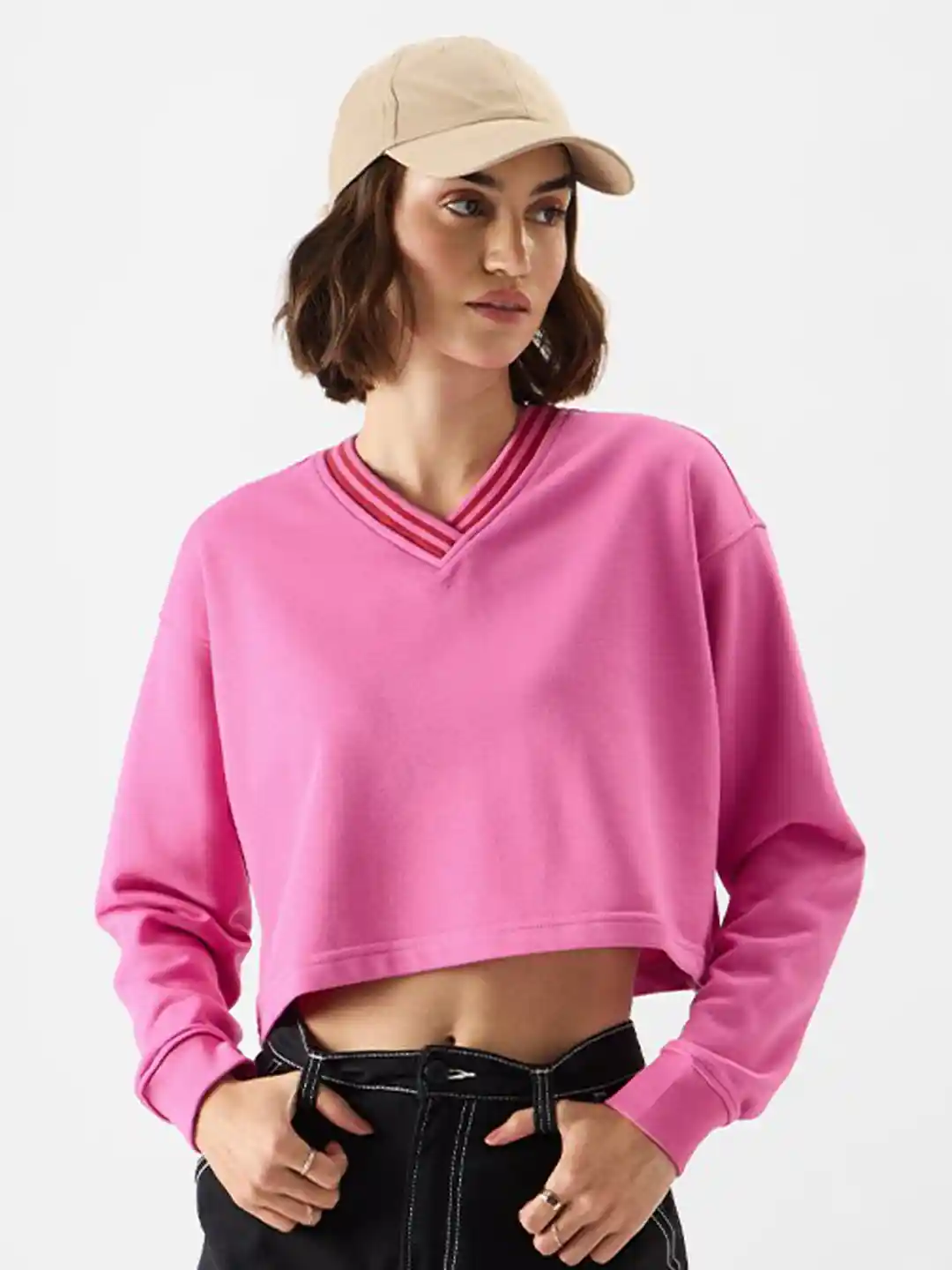 The Souled Store Long Sleeves V-Neck Oversized Crop Sweatshirt
