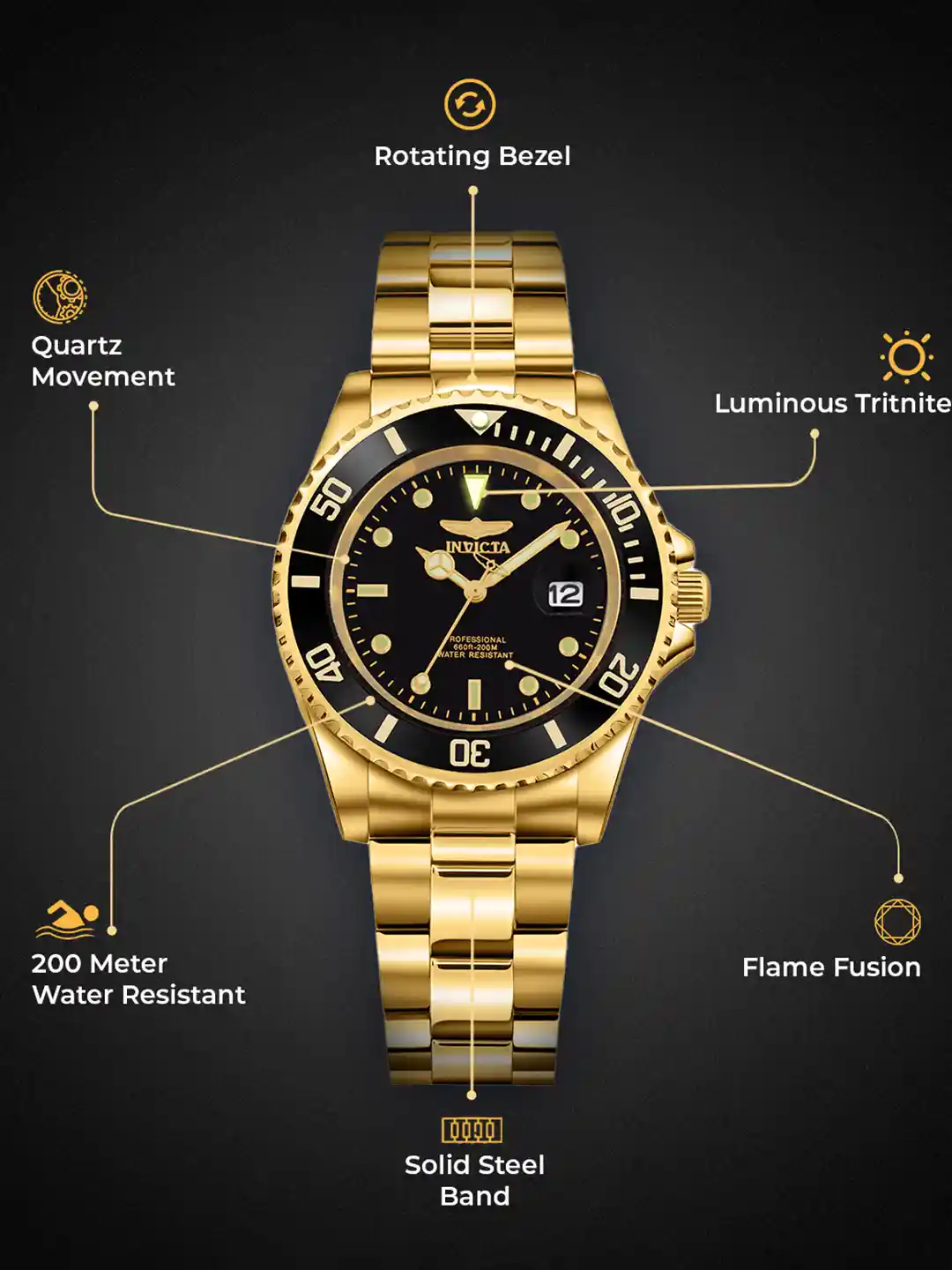 Stainless Steel Invicta Flip Face Watch Invicta Men Pro Diver Gold