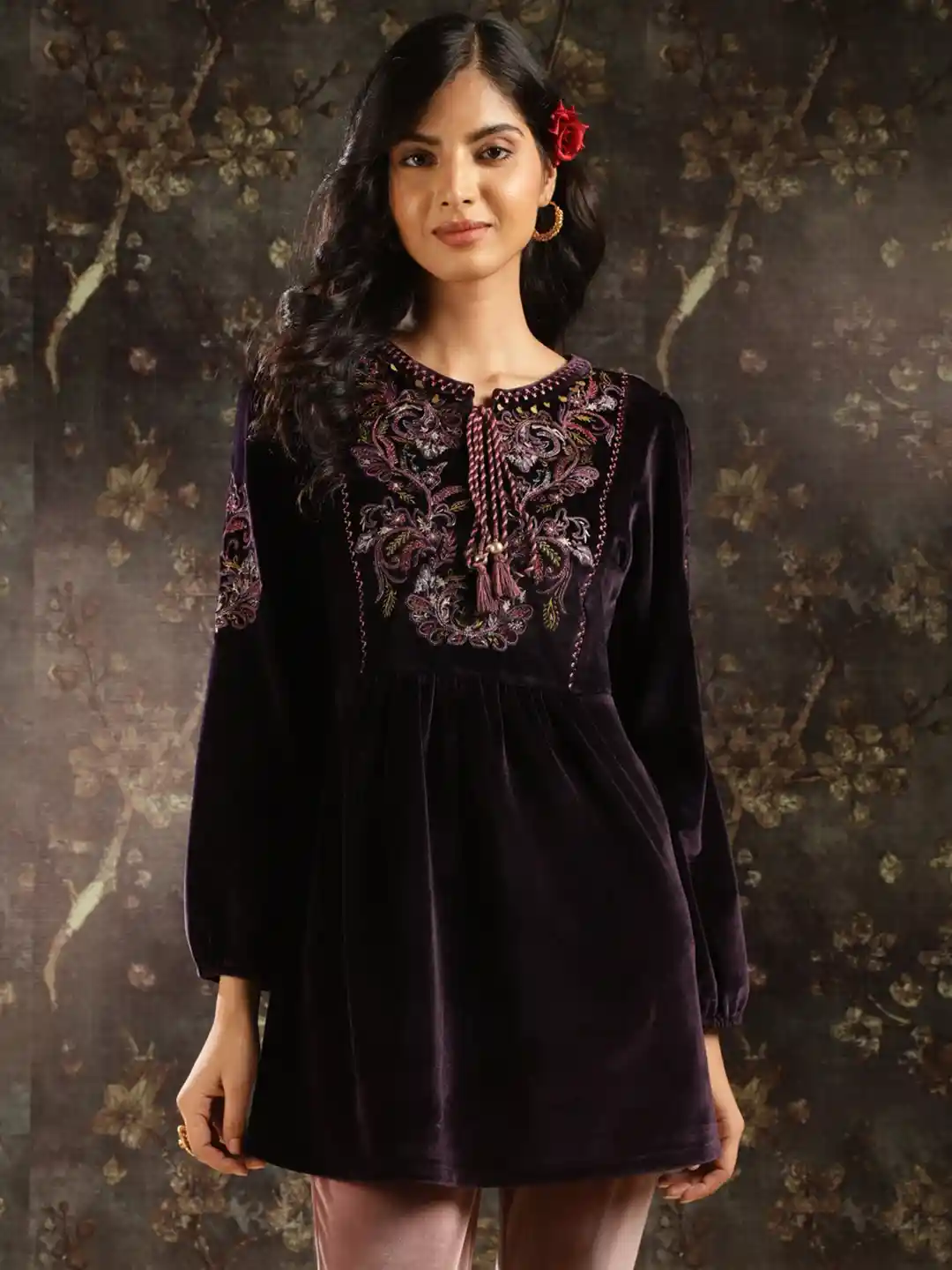 Lakshita Ethnic Motifs Embroidered Tie Up Neck Velvet Tunic