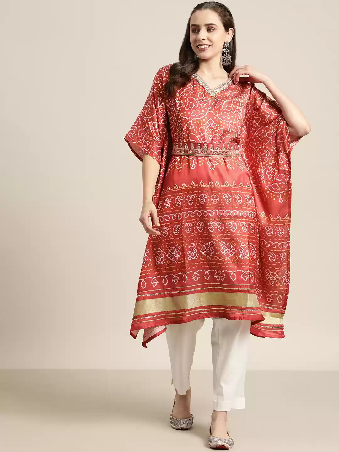 Women Ethnic Motifs Printed Flared Sleeves Mirror Work Kurta