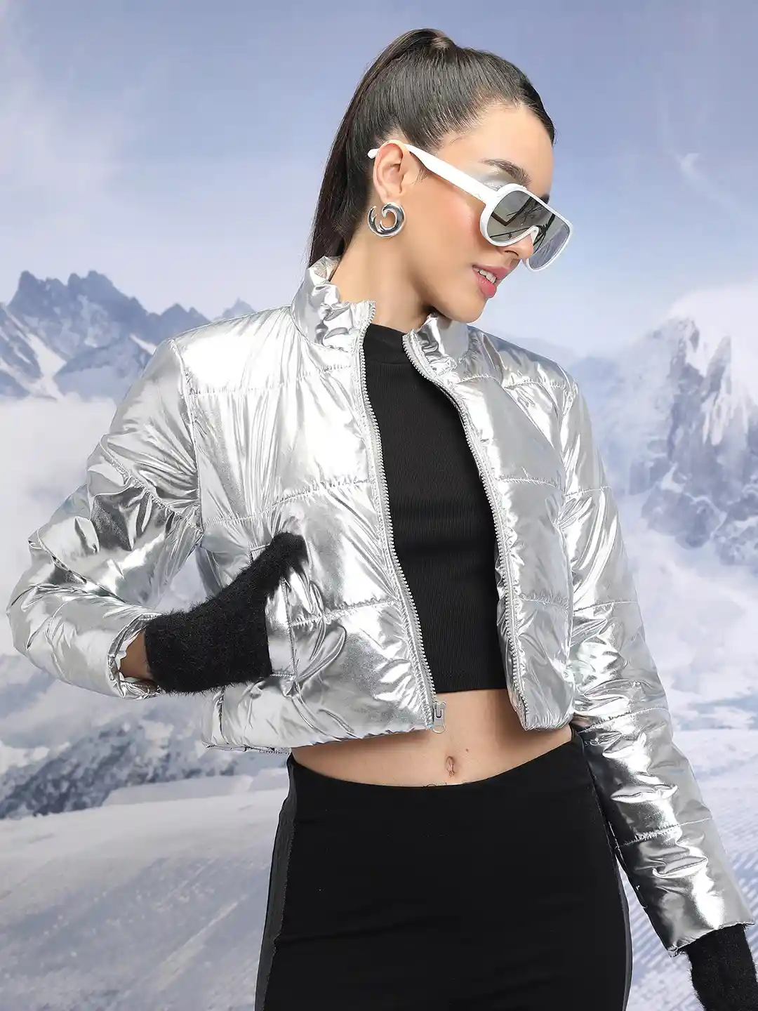 Buy Tokyo Talkies Silver-Toned Stand Collar Crop Puffer Jacket