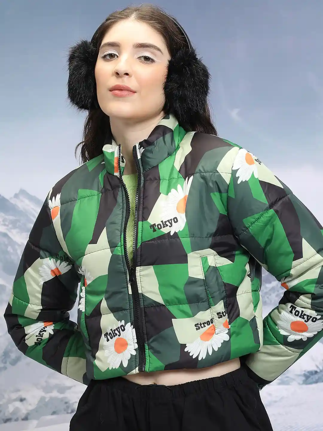 Tokyo Talkies Black Floral Printed Crop Puffer Jacket