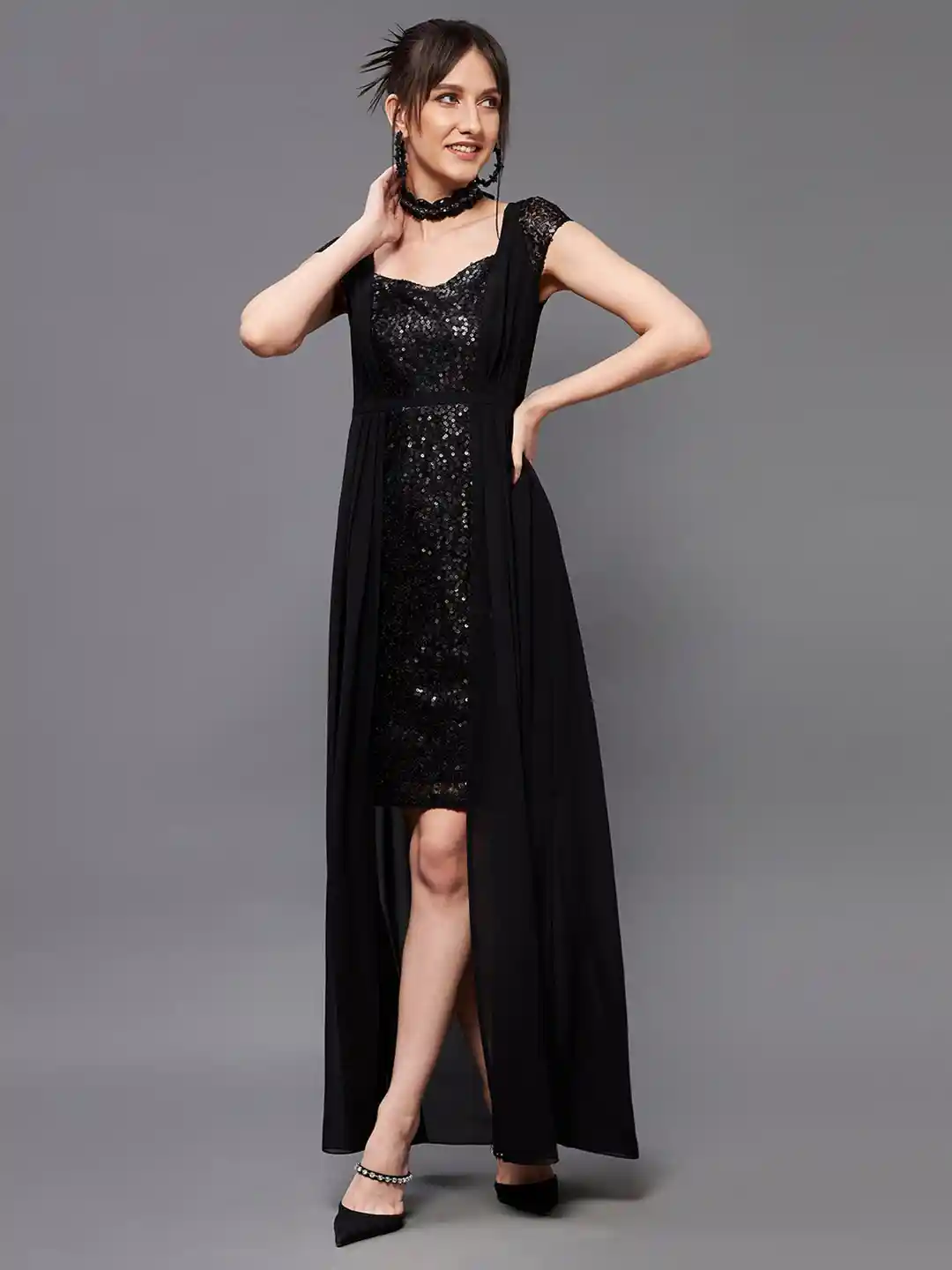 DressBerry Black Embellished Sweetheart Neck Sequined Georgette Maxi Dress