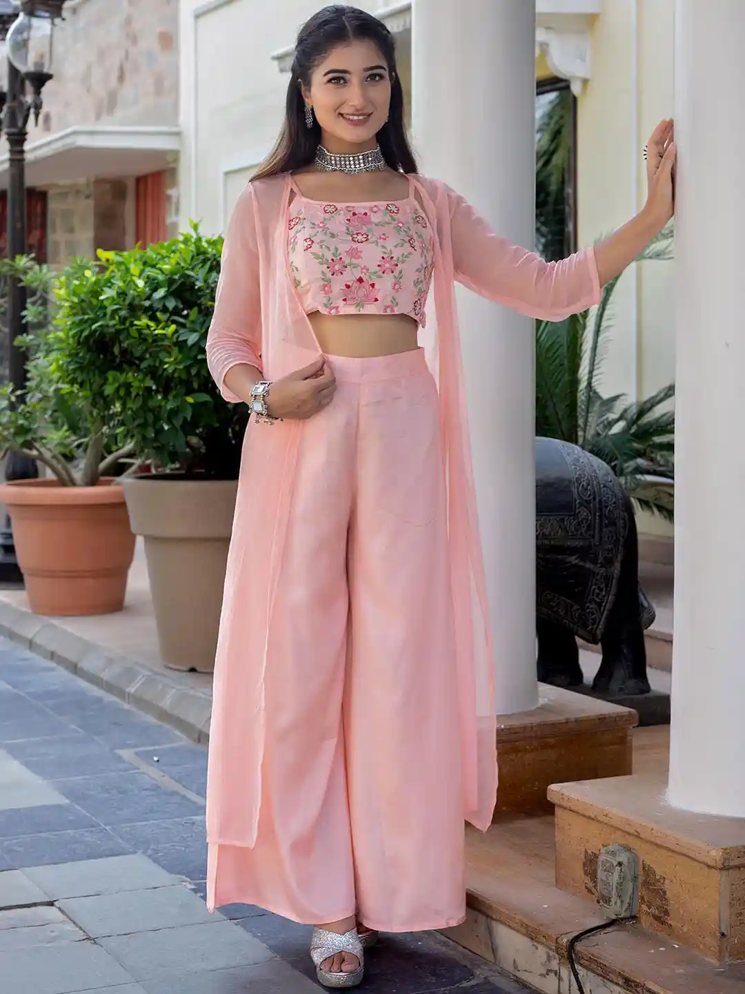 Buy KASYA Embroidered Shoulder Straps Ethnic Top With Palazzos