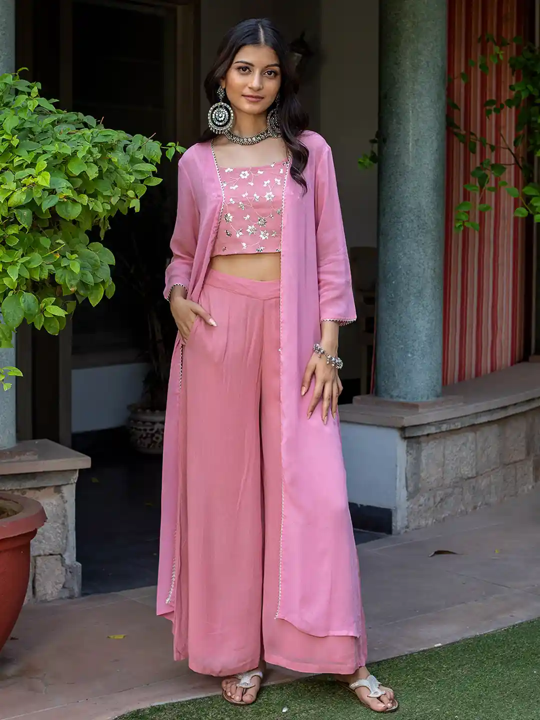 Buy KASYA Embroidered Crop Top With Shrug Palazzos Co-Ords for
