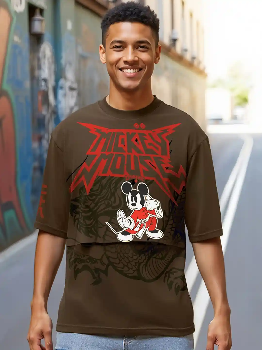 Buy Bewakoof Mickey Mouse Printed Drop-Shoulder Sleeves Oversized