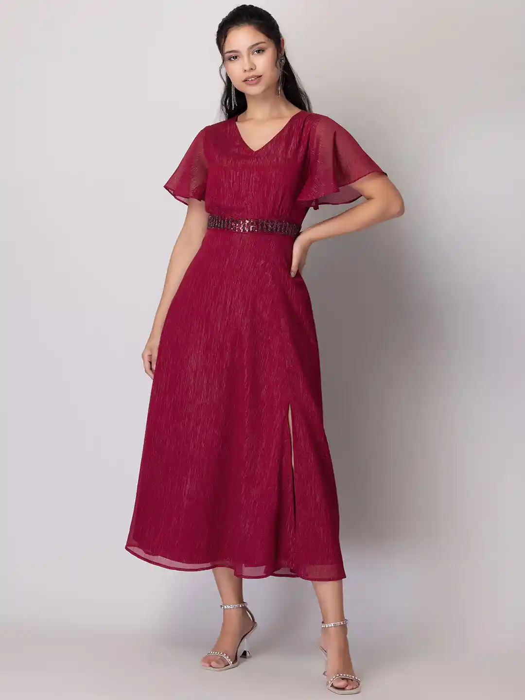 Buy FabAlley Maroon Embellished Flared Sleeve Georgette Fit and