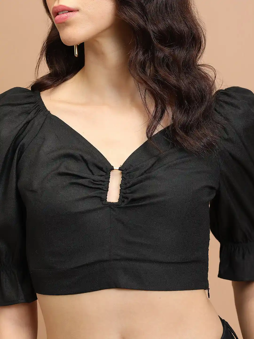 Buy Tokyo Talkies Black Puff Sleeve Fitted Crop Top - Tops for