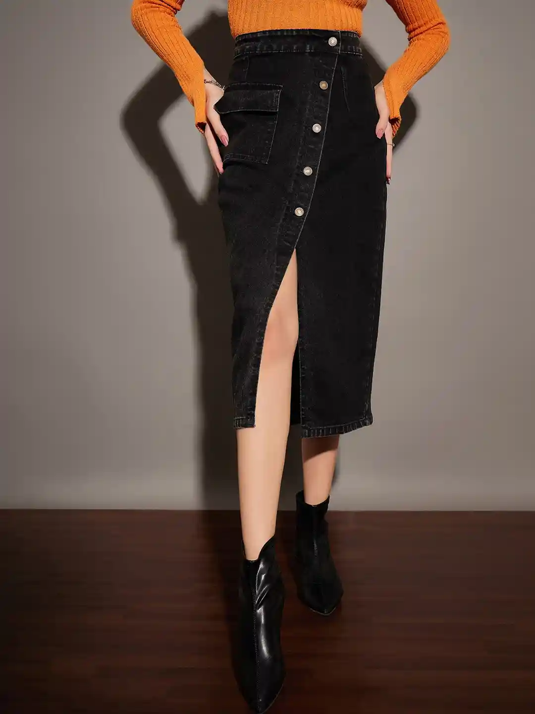 Buy SASSAFRAS Black Front Slit Denim Wrap Midi Skirt Skirts for