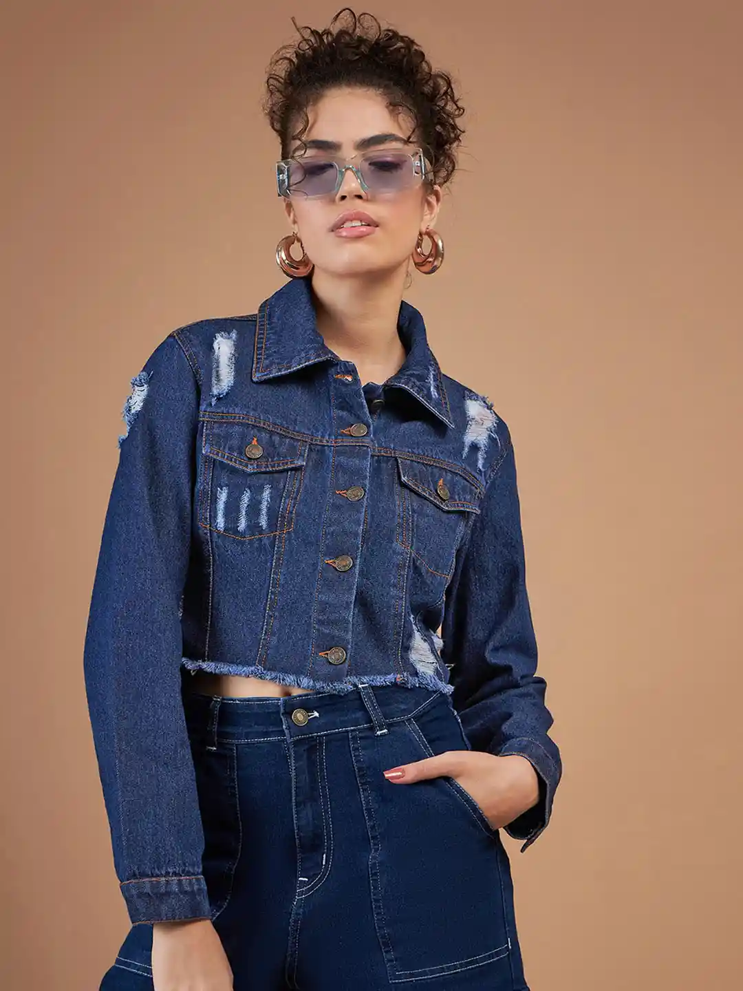 Buy SASSAFRAS Navy Blue Washed Cropped Denim Jacket - Jackets for