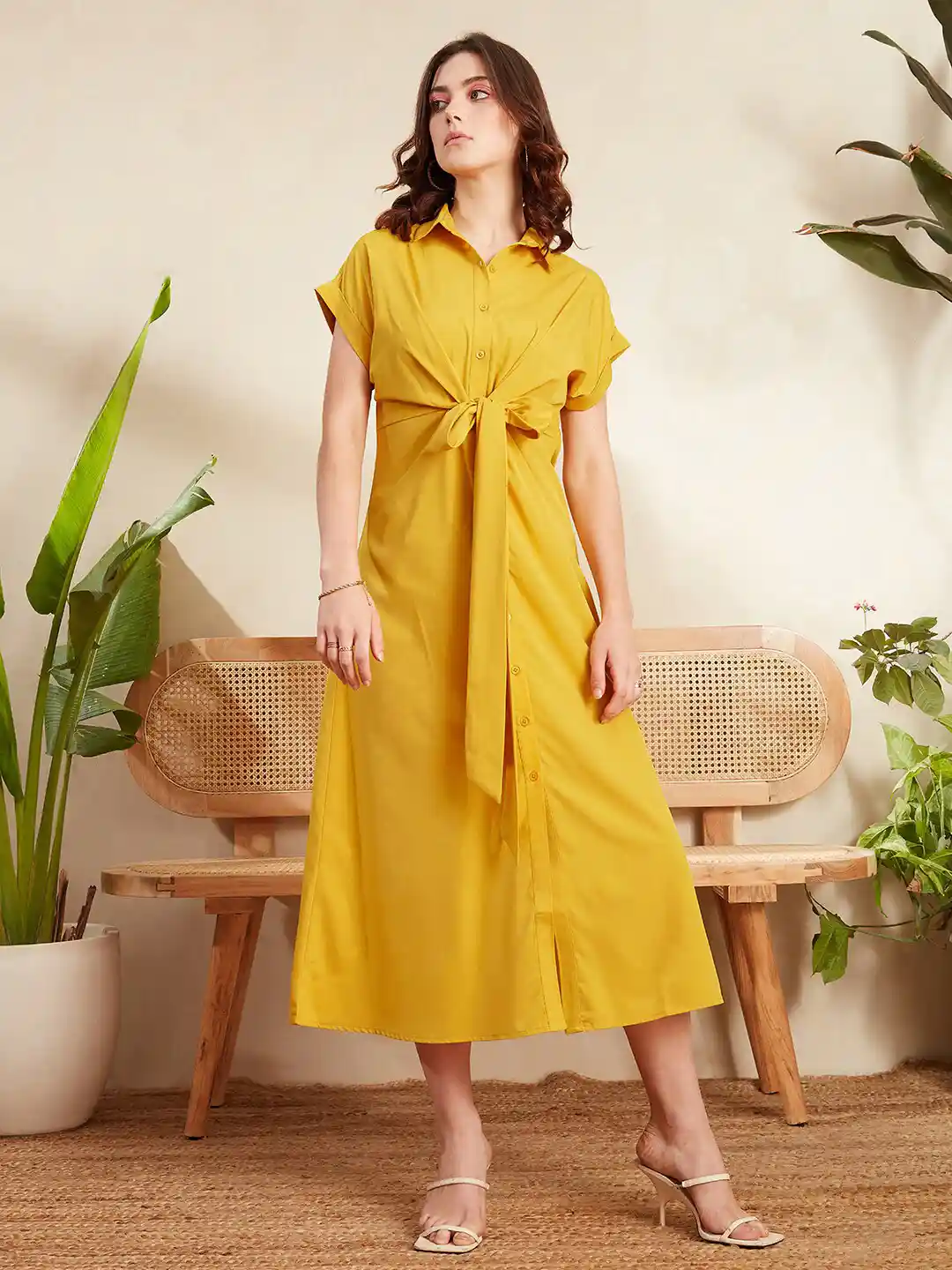 Buy Berrylush Mustard Yellow Shirt Collar Extended Sleeves Tie-Up