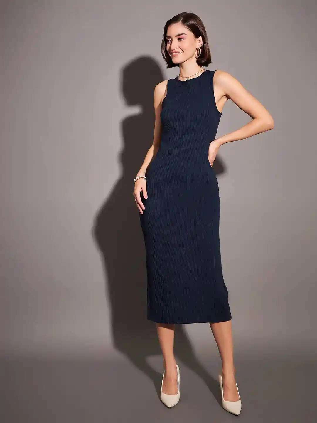 SASSAFRAS Navy Blue Ribbed Sheath Midi Dress