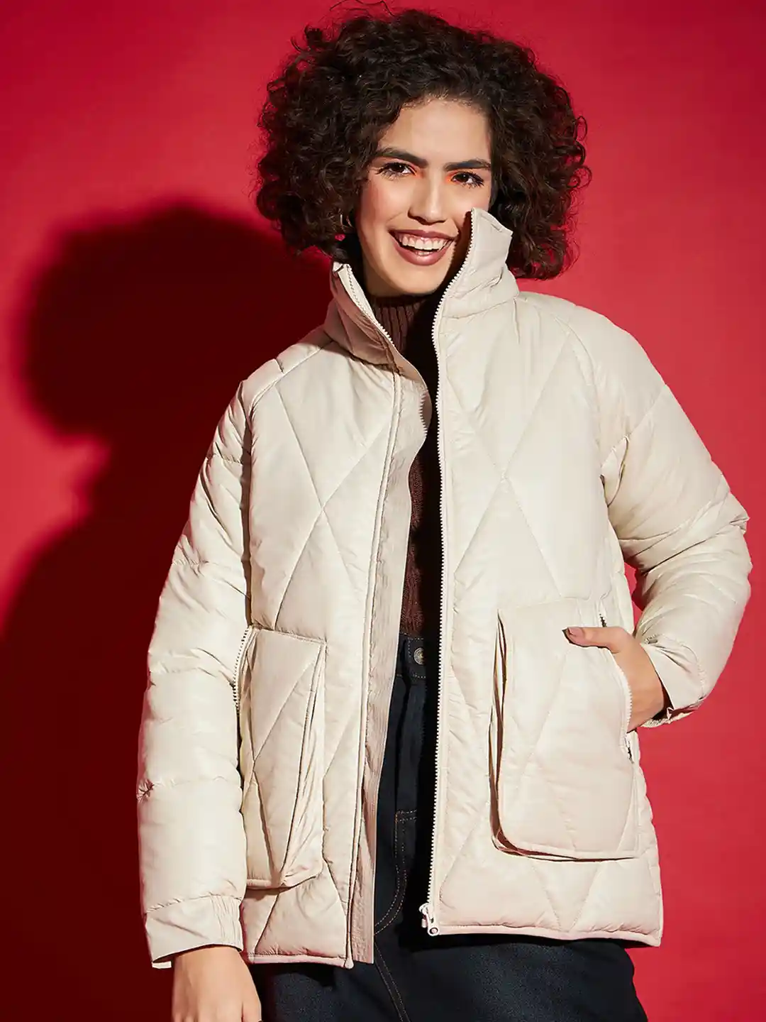 Buy SASSAFRAS Beige Mock Collar Long Sleeves Quilted Jacket