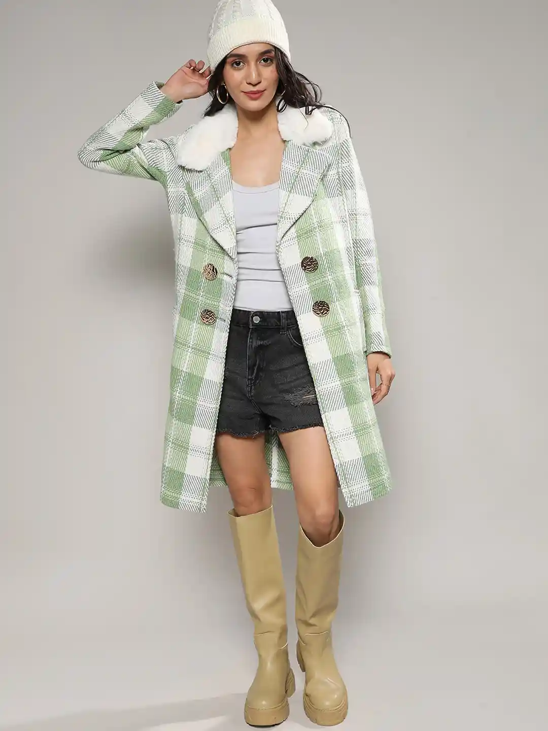 Campus Sutra Green Checked Notched Lapel Collar Longline Overcoat