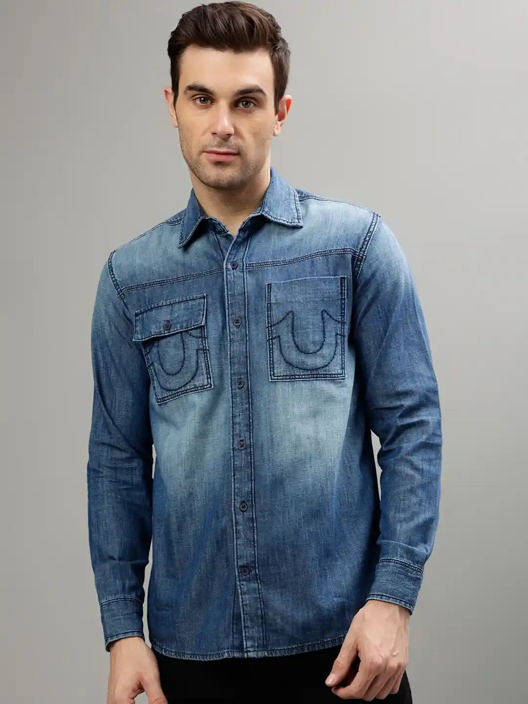 Buy True Religion Faded Spread Collar Denim Casual Pure Cotton