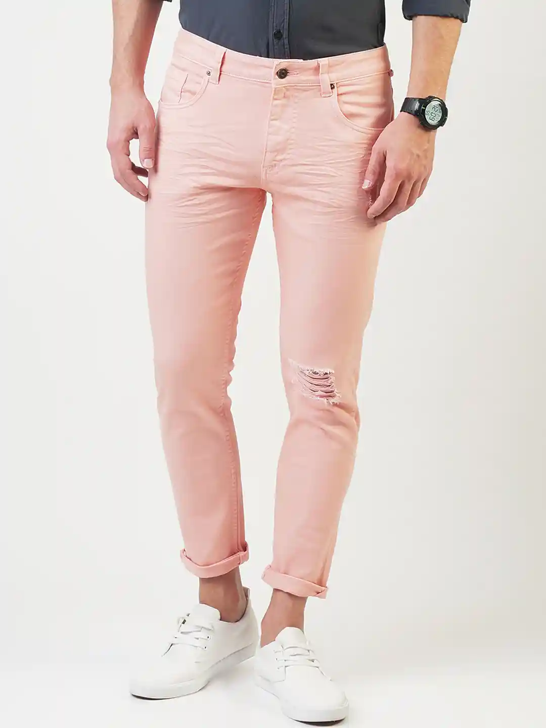 Buy Blue Saint Men Peach-Coloured Slim Fit Mid-Rise Mildly