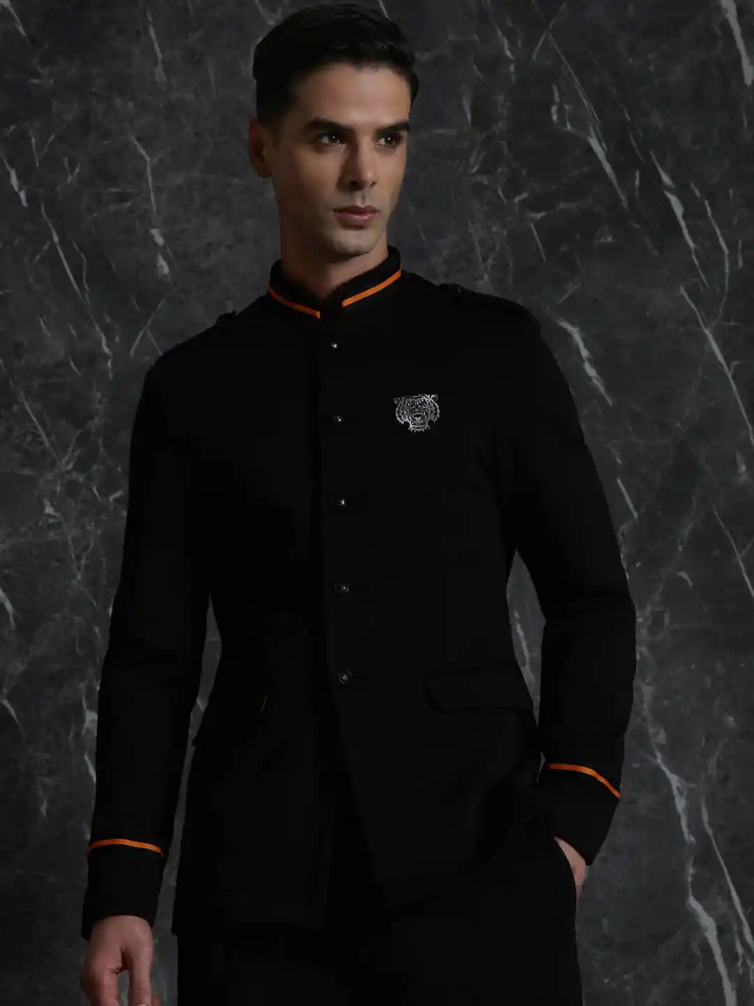 Breakbounce Black Mandarin Collar Long Sleeves Single-Breasted Relaxed-Fit  Blazer