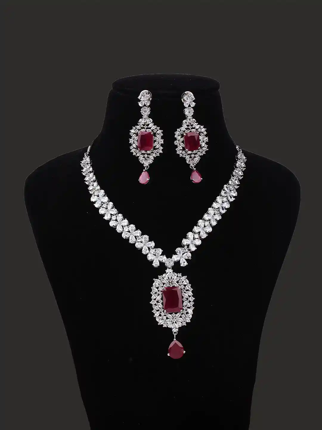 Necklace Elle Earrings With Ruby Pear-Shaped Ruby Double Halo