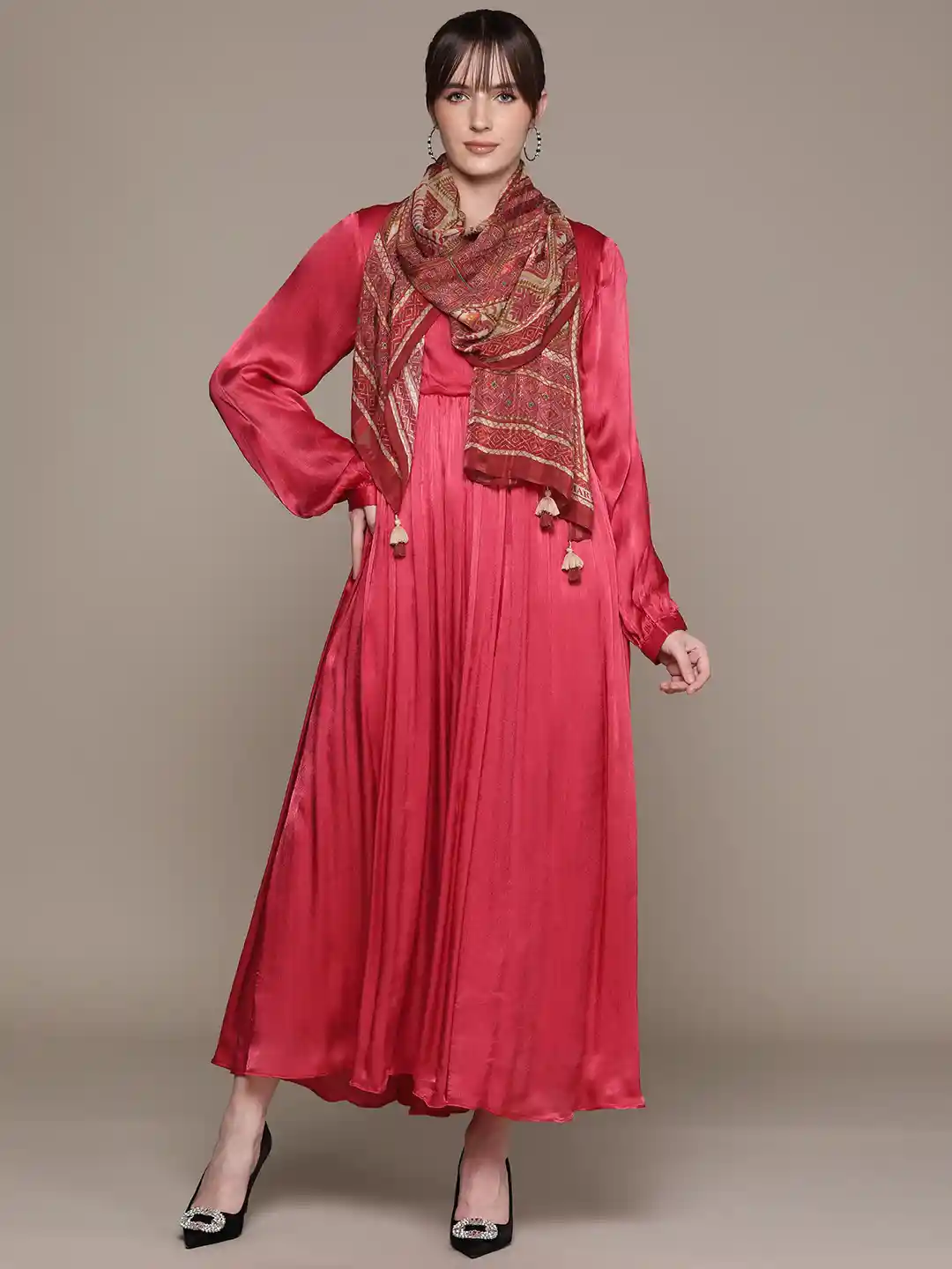 Ritu Kumar Puff Sleeve Satin Midi Dress with Scarf