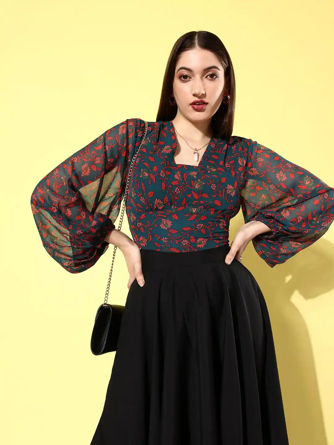 Buy QUIERO Floral Print Puff Sleeve Georgette Top Tops for Women