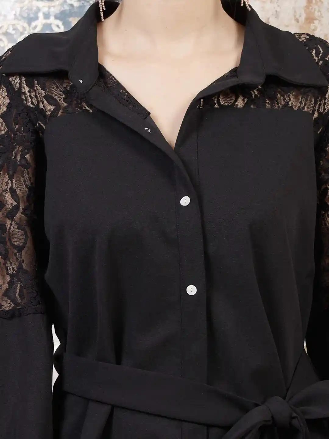 Buy Athena Black Cuffed Sleeves Lace Inserts Shirt Style Top