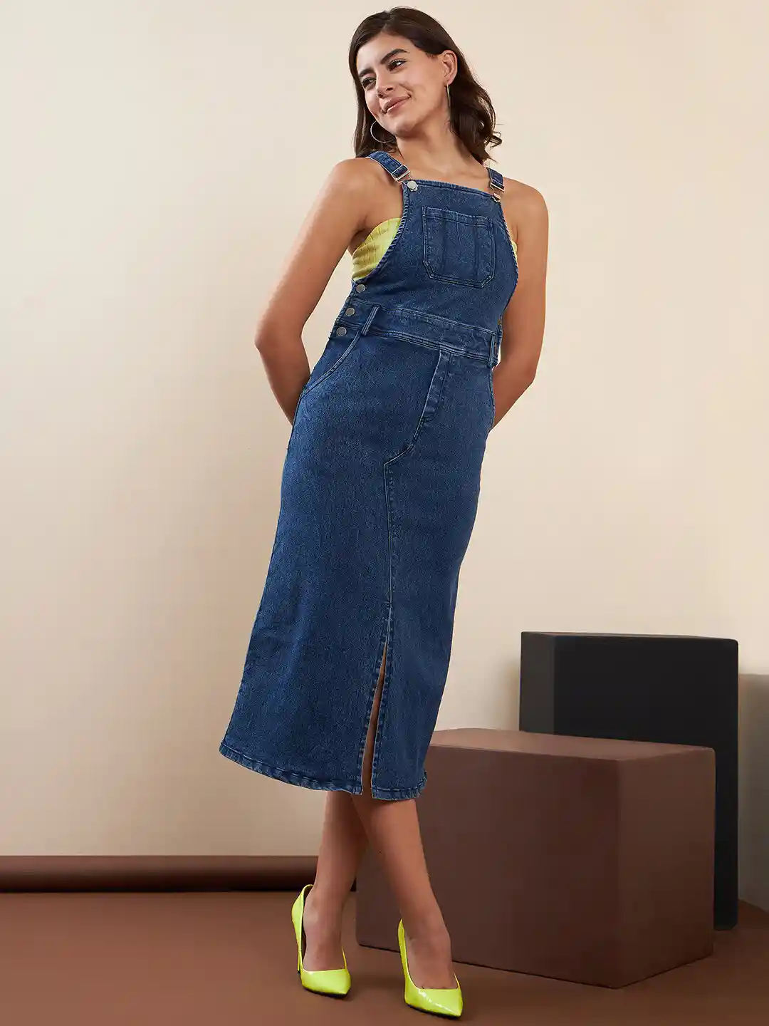 StyleStone Blue Sleeveless Cotton Denim Lycra Pinafore Dress