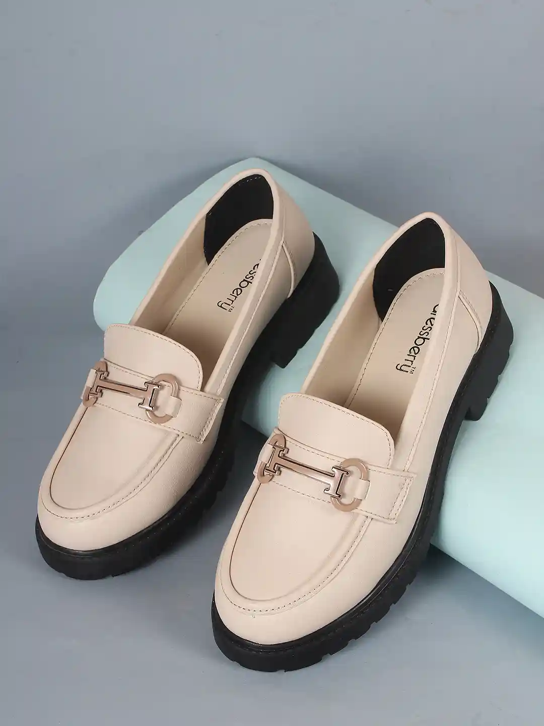 Buy DressBerry Women Beige Comfort Insole Heeled Horsebit Loafers - Main Image