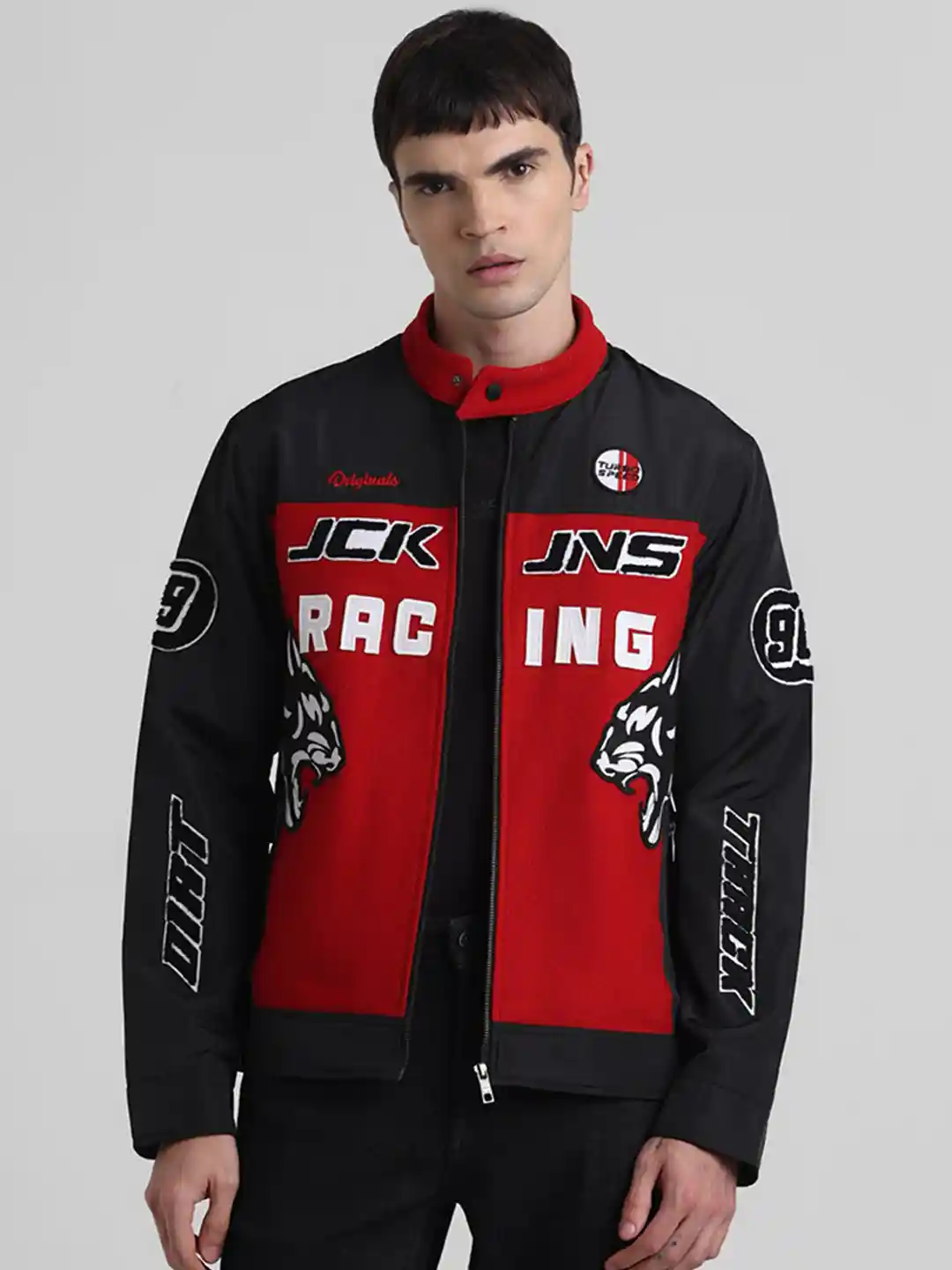 Buy Jack Jones Graphic Printed Mock Collar Biker Jacket