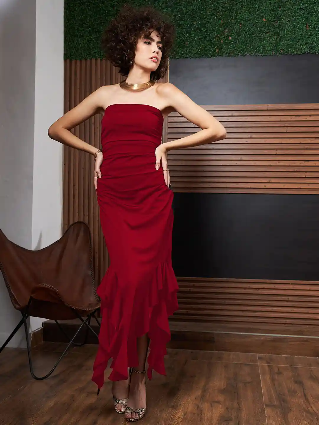 Athena Red Ruffled Strapless Asymmetric Hem Maxi Dress