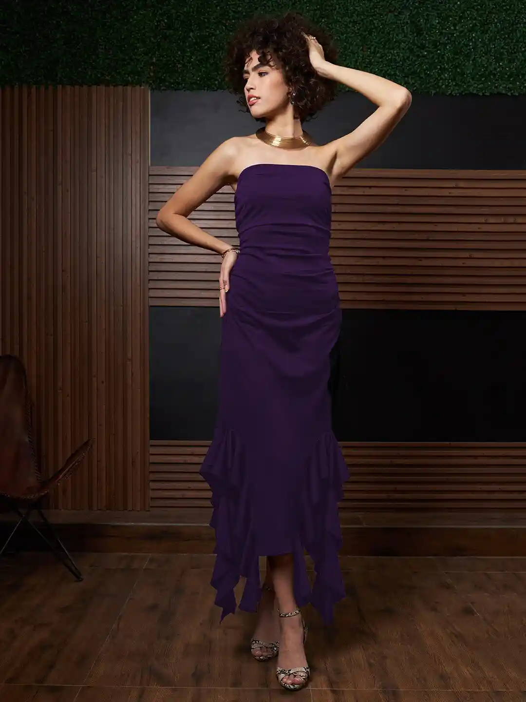 Athena Purple Ruffled Strapless Asymmetric Hem Maxi Dress