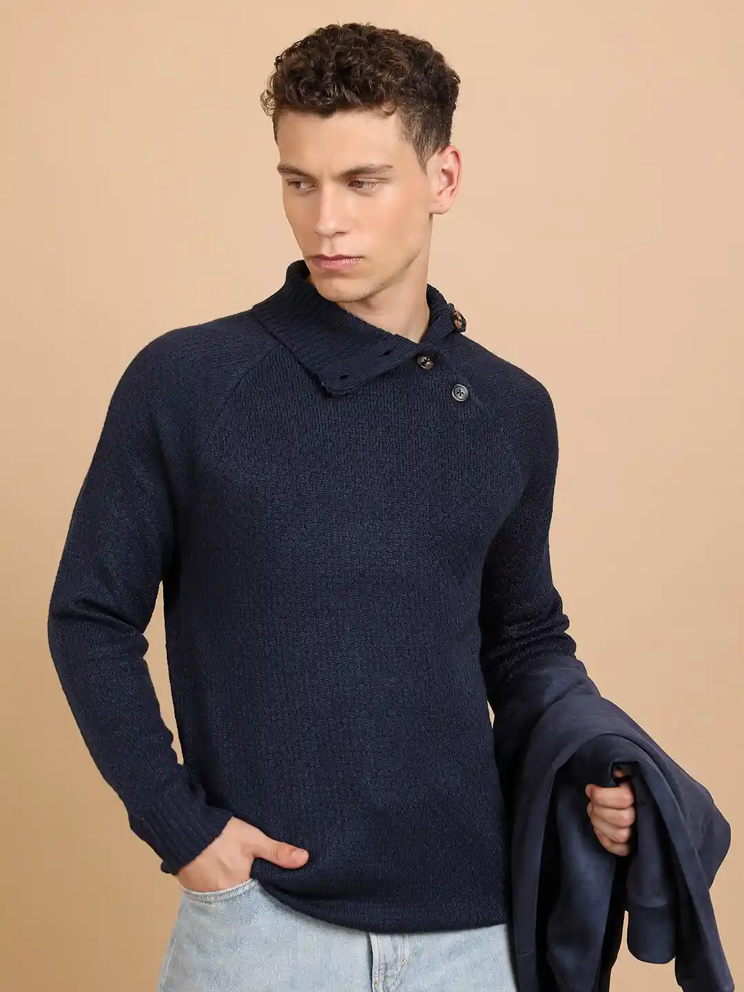 Buy HIGHLANDER Navy Blue Ribbed Long Sleeves Acrylic Pullover