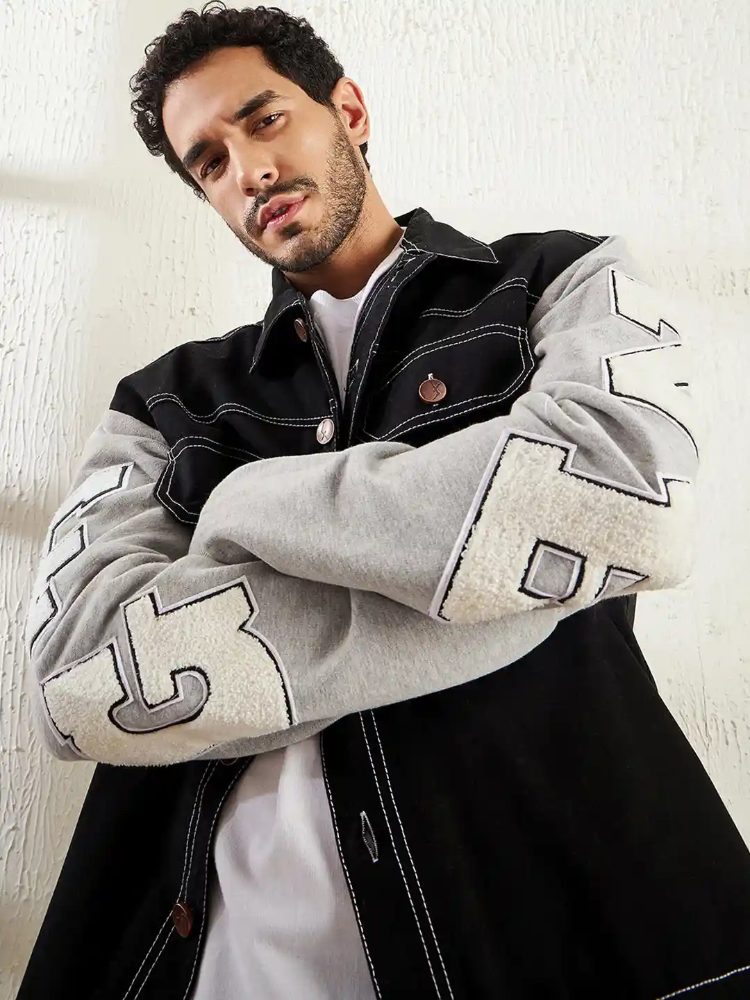 Buy FUGAZEE Black Grey Letterman Contrast Stitch Cotton Denim