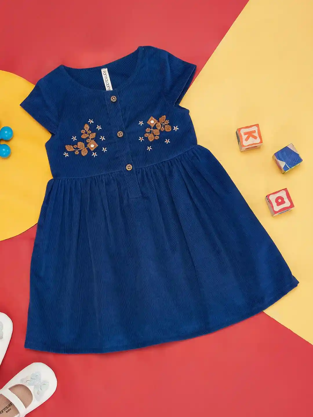 Pantaloons Baby Girls Floral Embroidered Cap Sleeves Gathered Cotton Fit  and Flare Dress