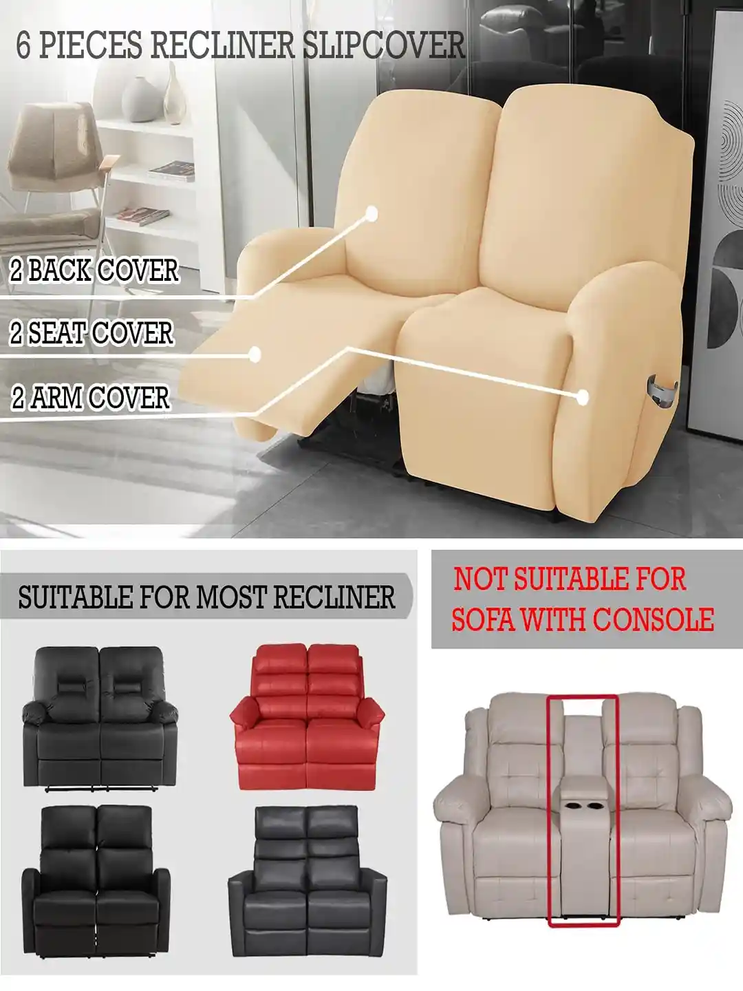 HOKIPO Beige Stretchable 2-Seater Recliner Sofa Covers