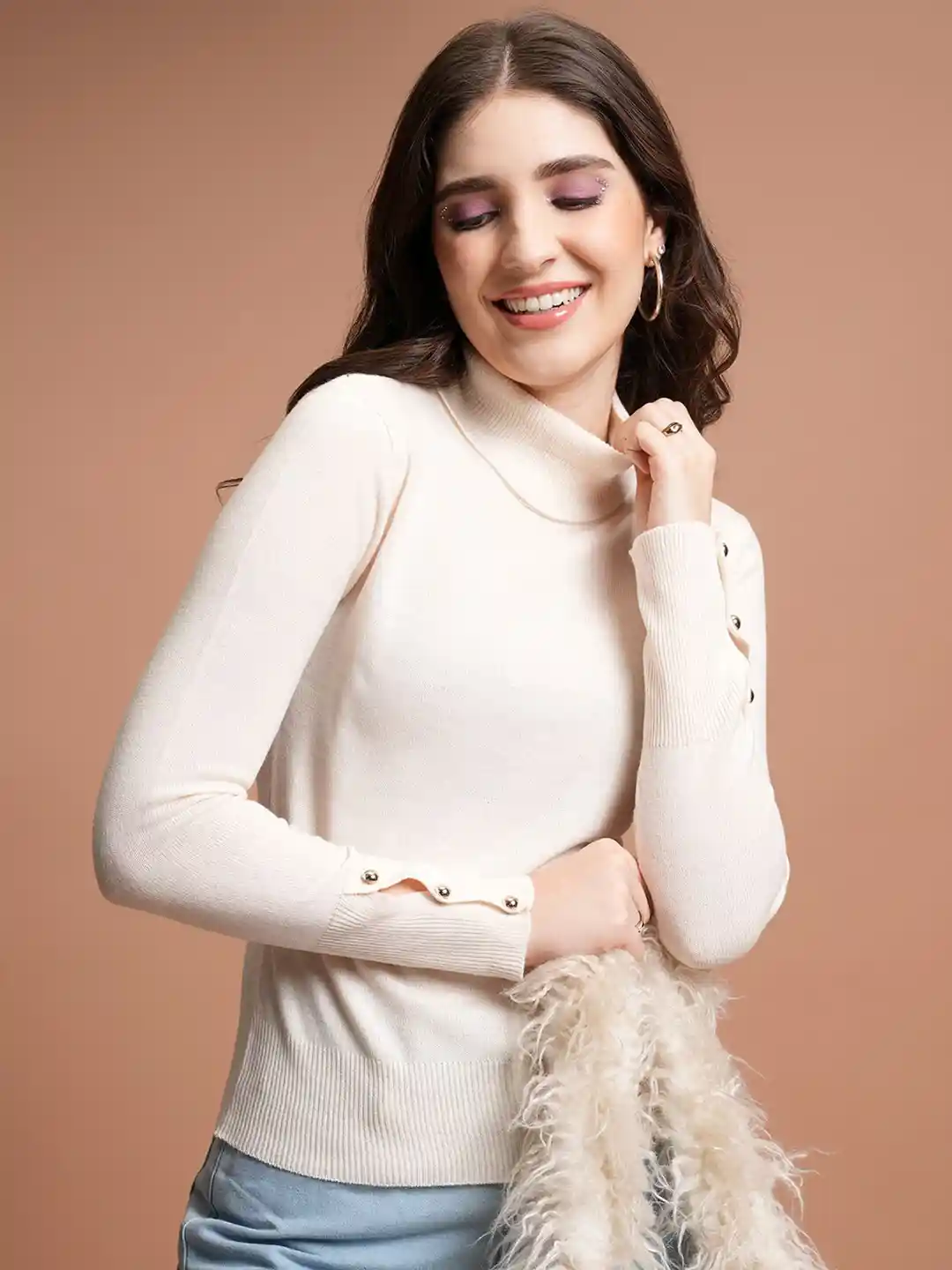 Buy Tokyo Talkies White Ribbed Turtle Neck Acrylic Pullover