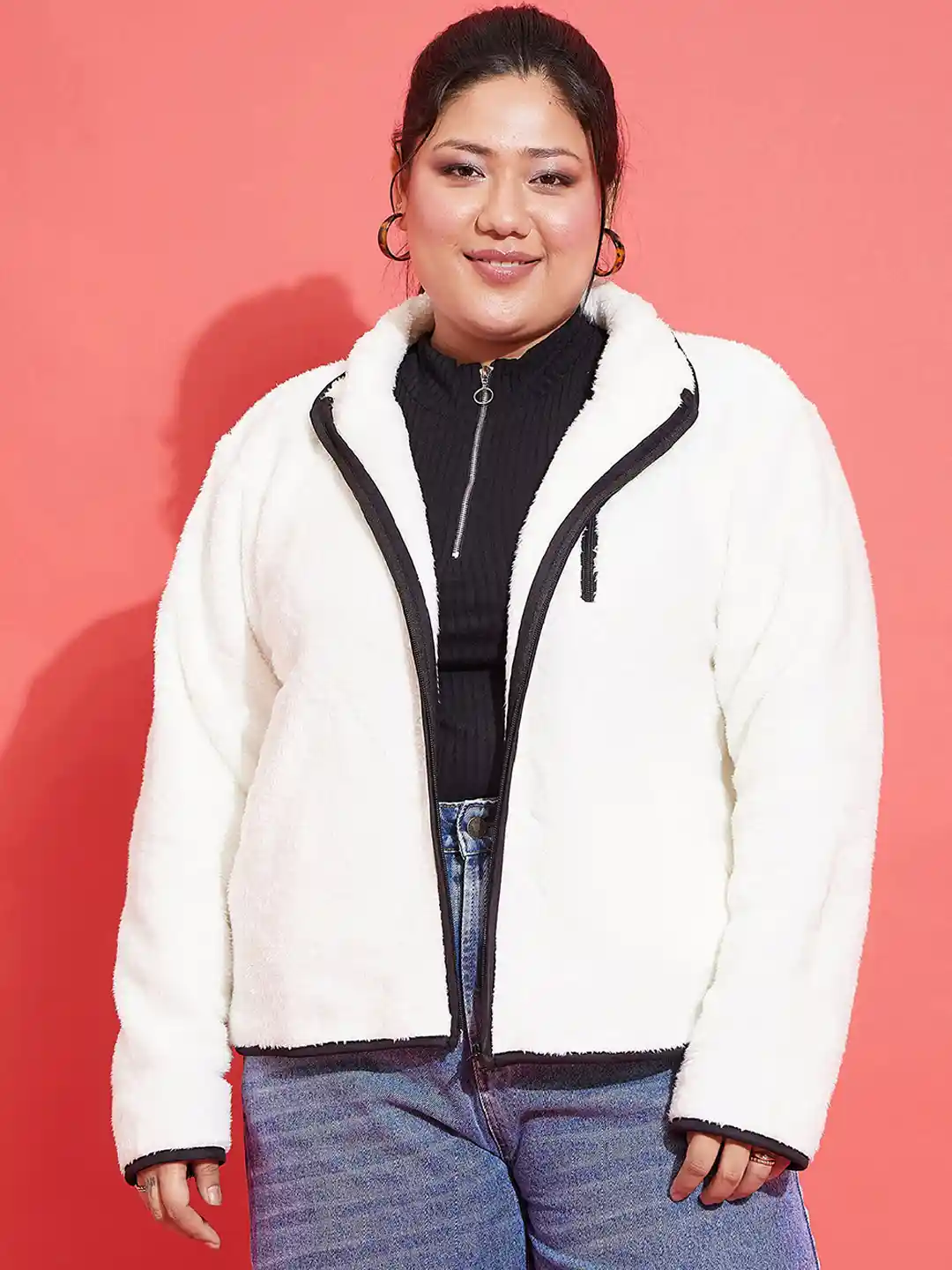 Buy SASSAFRAS Curve White Plus Size Mock Collar Faux Fur Trim