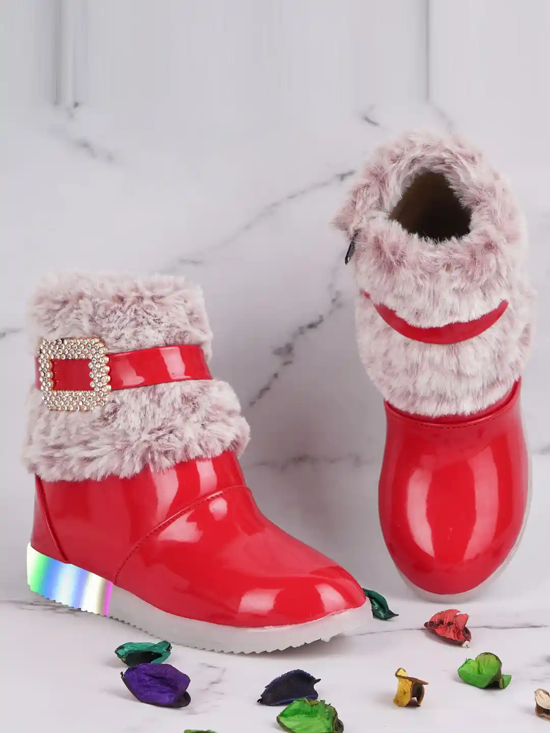 Buy BAESD Girls Buckle Embellished LED Light Detail Faux Fur Trim