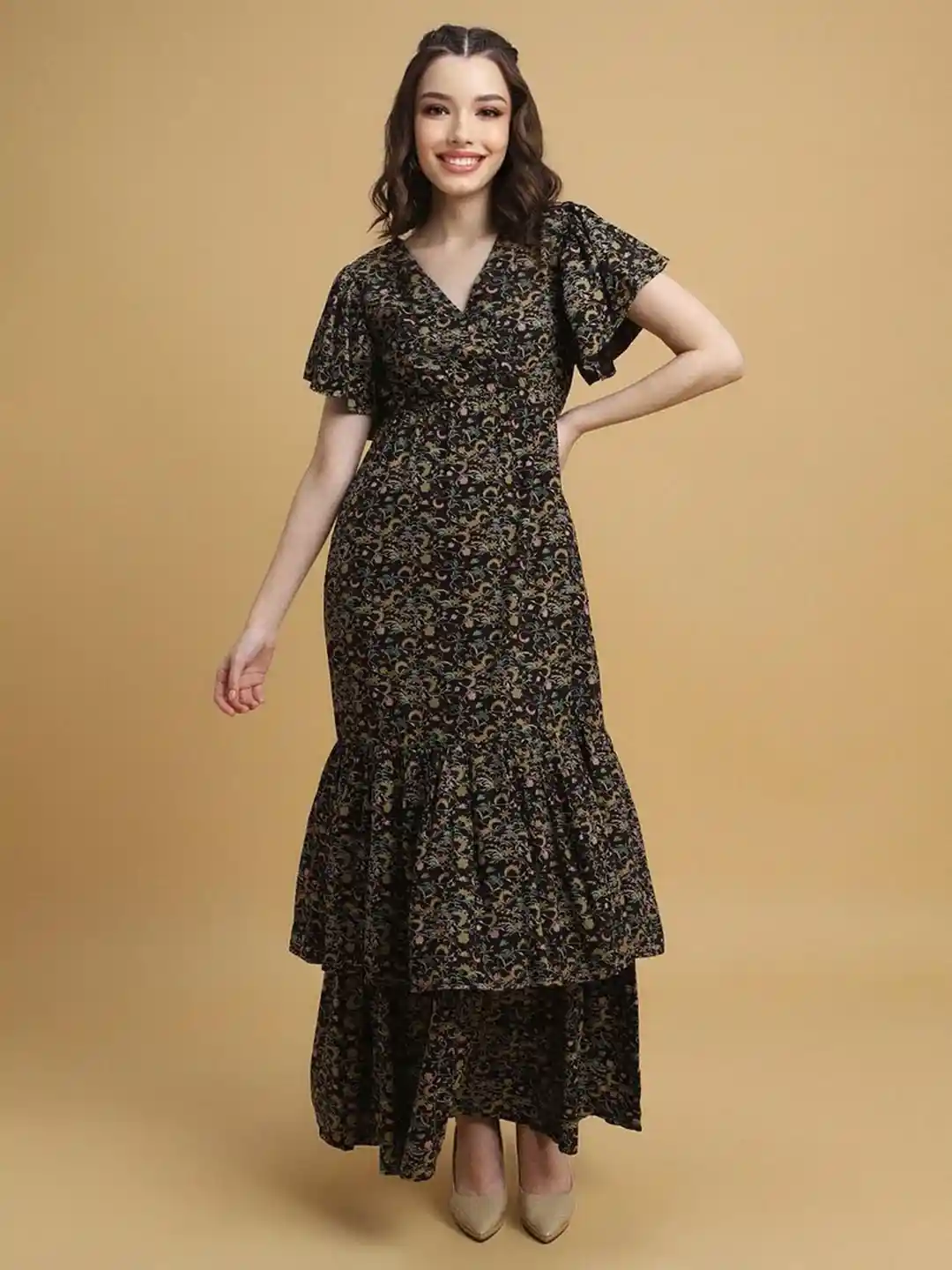 Buy FOREVER 21 Floral Printed Flared Sleeves Layered Maxi Wrap