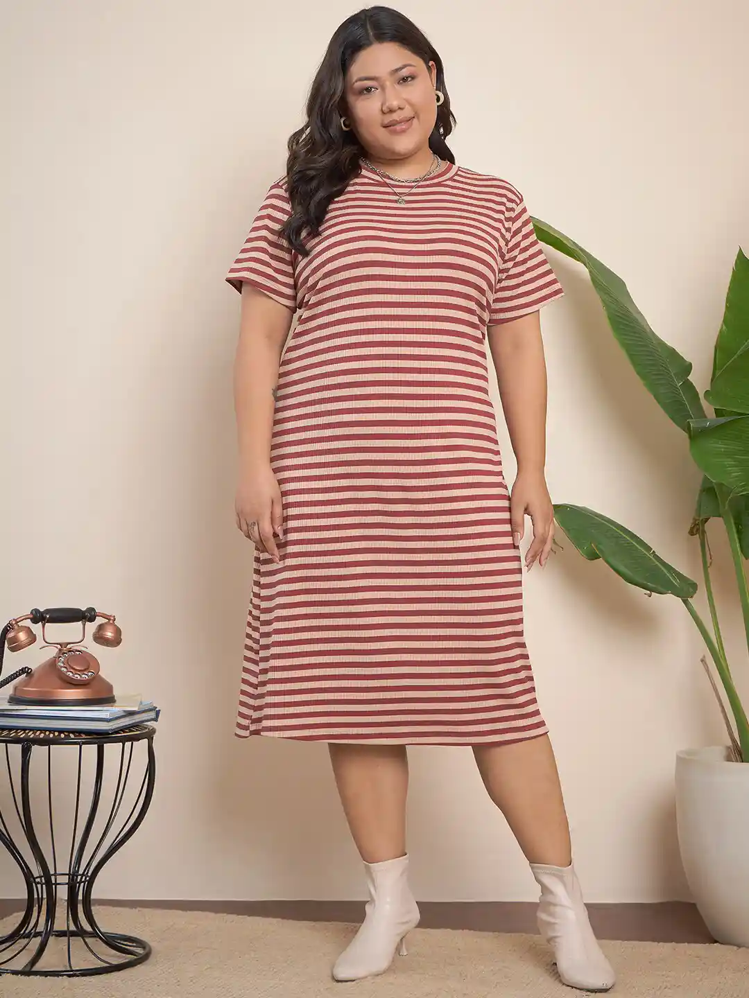 Buy CURVY STREET Brown Plus Size Striped Midi T-shirt Dress
