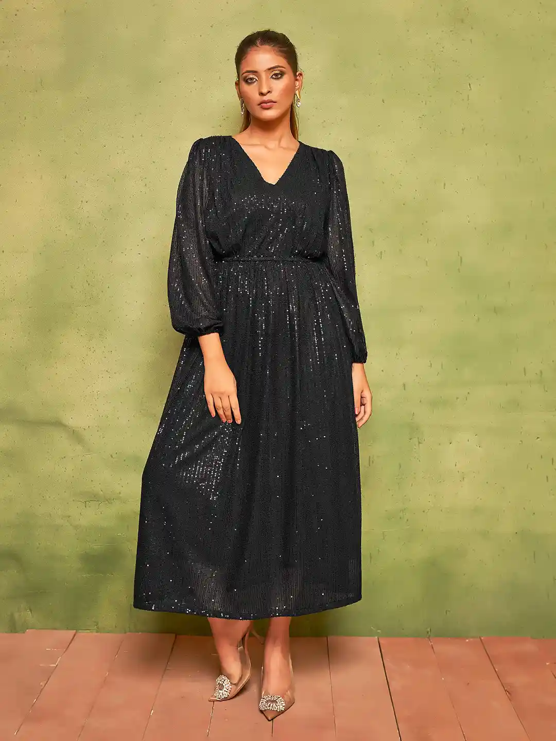 Buy Curvy Lane Plus Size Puff Sleeves Sequinned Fit Flare Midi