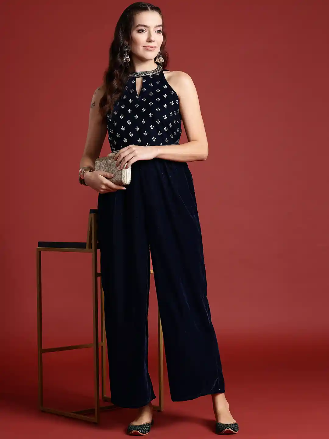 Anouk Halter Neck Printed Embroidered Culotte Jumpsuit with Belt