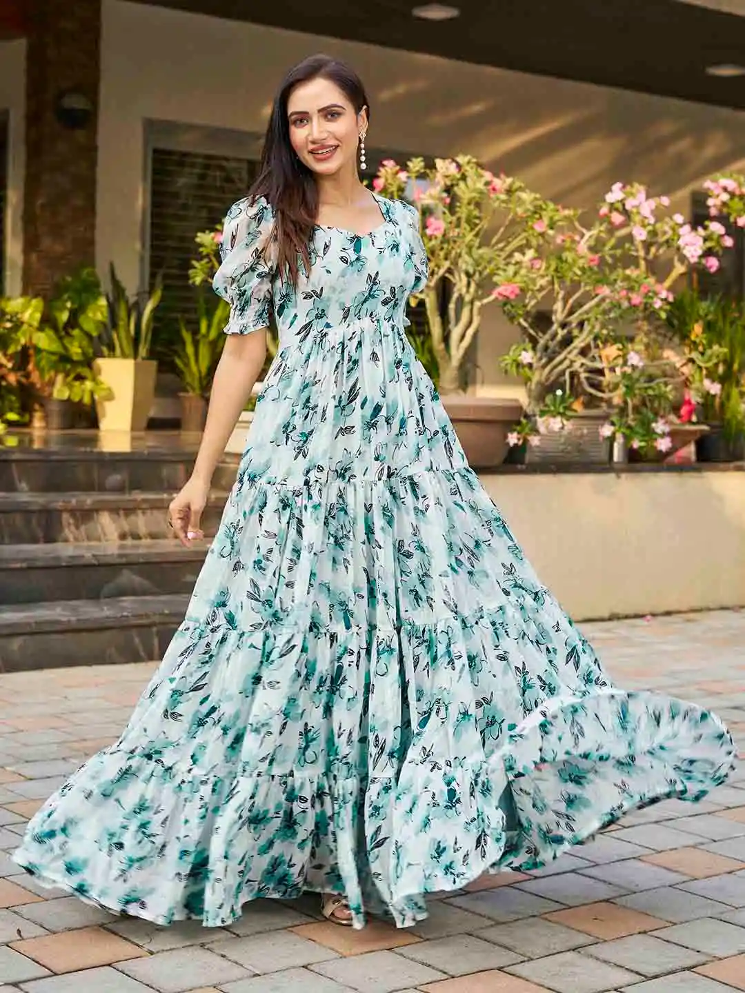 CHANSI Floral Printed Puff Sleeves Tiered Gown Maxi Ethnic Dresses