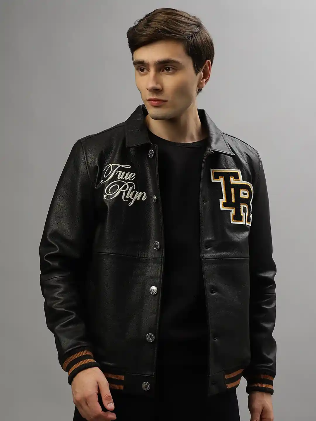 Buy True Religion Typography Printed Leather Open Front Jacket