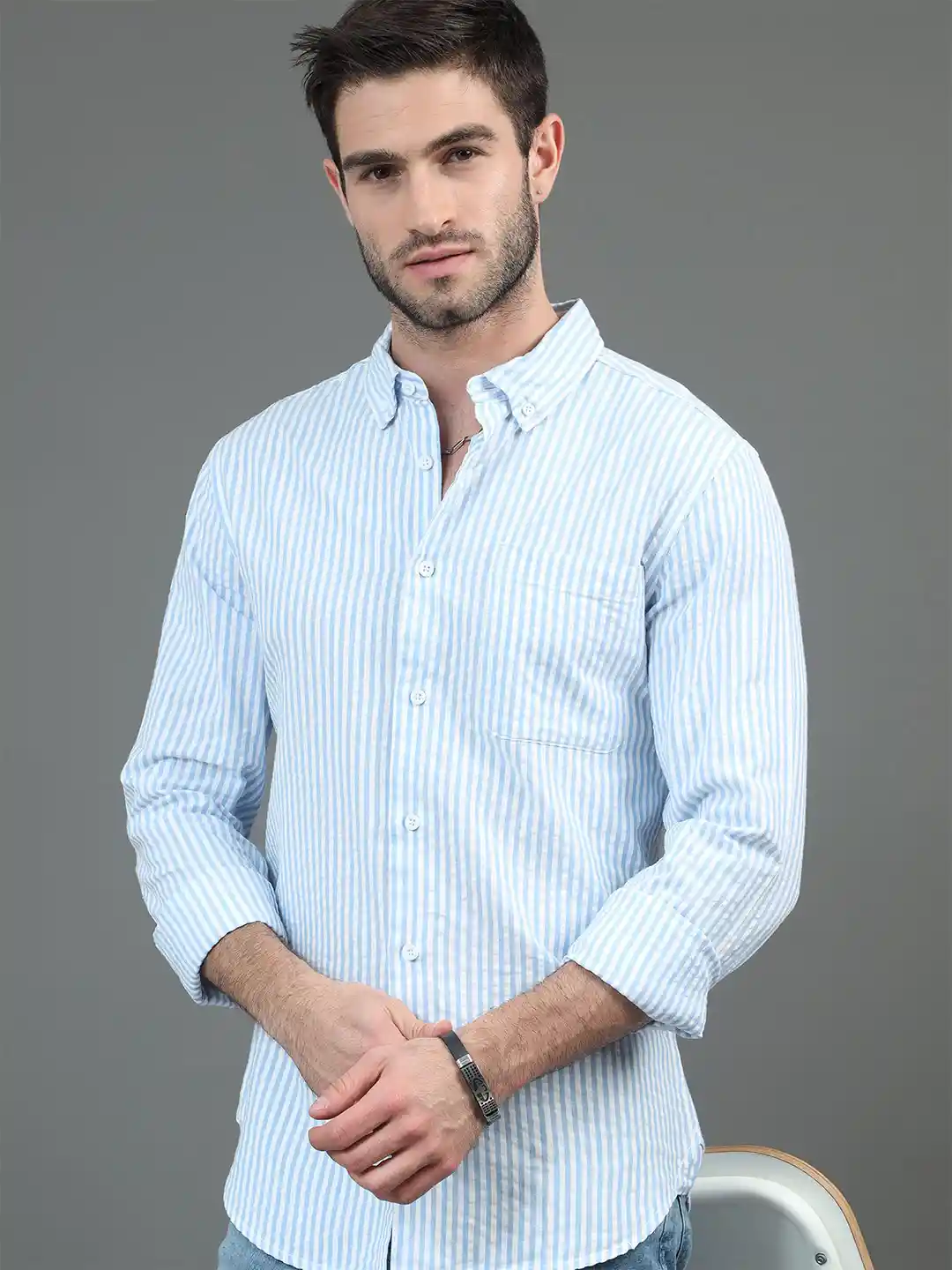 HERE&NOW Blue Slim Fit Vertical Stripes Button-Down Collar Casual Shirt